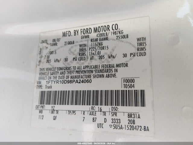 Aukcja sprzedaży 2008 Ford Ranger Xl, vin: 1FTYR10D98PA24060, numer aukcji: 45527045