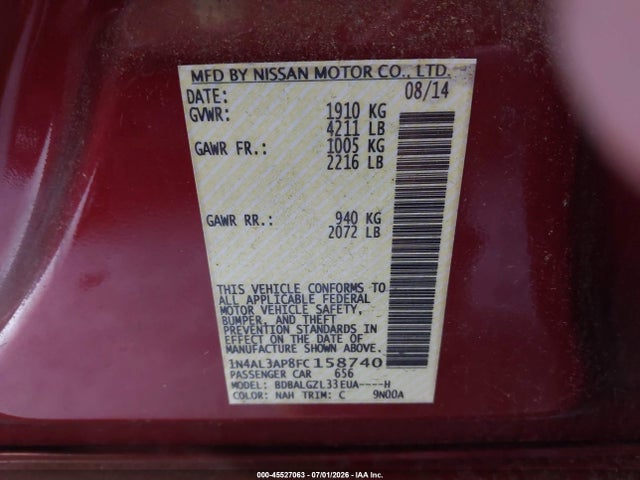 Nissan Altima 2.5 S 2015 1N4AL3AP8FC158740 Image 9