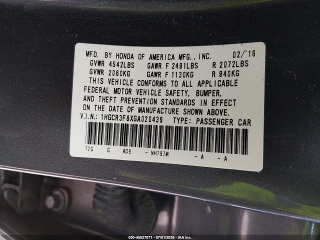 Продаж на аукціоні авто 2016 Honda Accord Ex-l V-6, vin: 1HGCR3F8XGA020439, номер лоту: 45527071