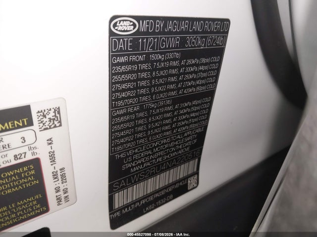 45527098 :رقم المزاد ، SALWS2RU4NA220516 vin ، 2022 Land Rover Range Rover Sport Hst Mhev مزاد بيع