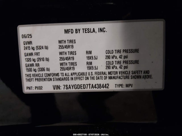 45527100 :رقم المزاد ، 7SAYGDED7TA438442 vin ، 2026 Tesla Model Y مزاد بيع