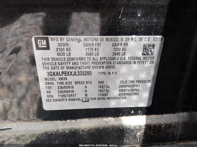 45527119 :رقم المزاد ، 3GKALPEXXJL333289 vin ، 2018 Gmc Terrain Slt مزاد بيع