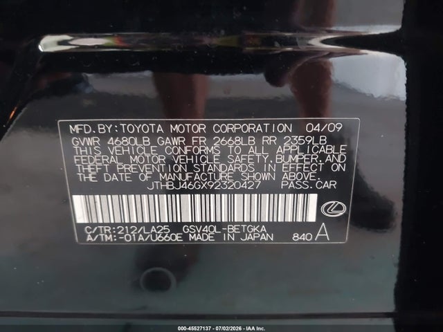45527137 :رقم المزاد ، JTHBJ46GX92320427 vin ، 2009 Lexus Es 350 مزاد بيع