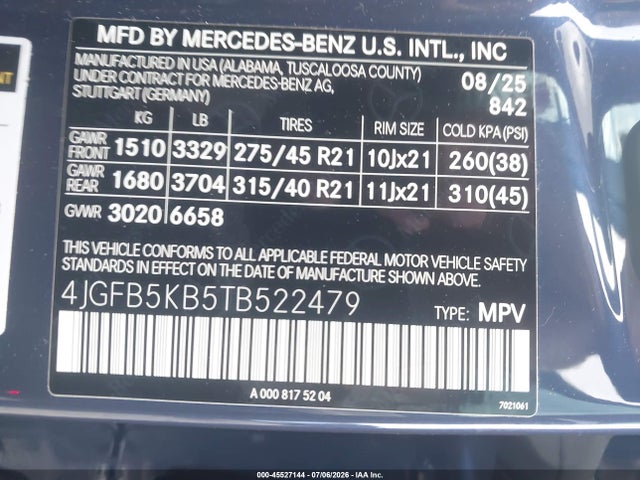 45527144 :رقم المزاد ، 4JGFB5KB5TB522479 vin ، 2026 Mercedes-benz Gle 450 4matic مزاد بيع