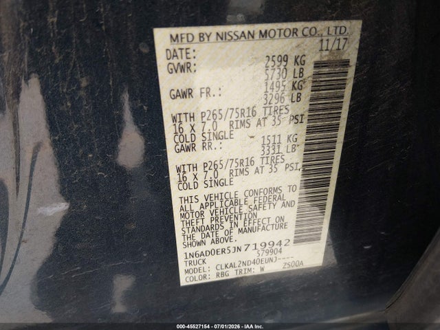 45527154 :رقم المزاد ، 1N6AD0ER5JN719942 vin ، 2018 Nissan Frontier Desert Runner مزاد بيع
