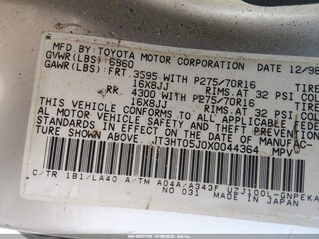 45527158 :رقم المزاد ، JT3HT05J0X0044364 vin ، 1999 Toyota Land Cruiser مزاد بيع