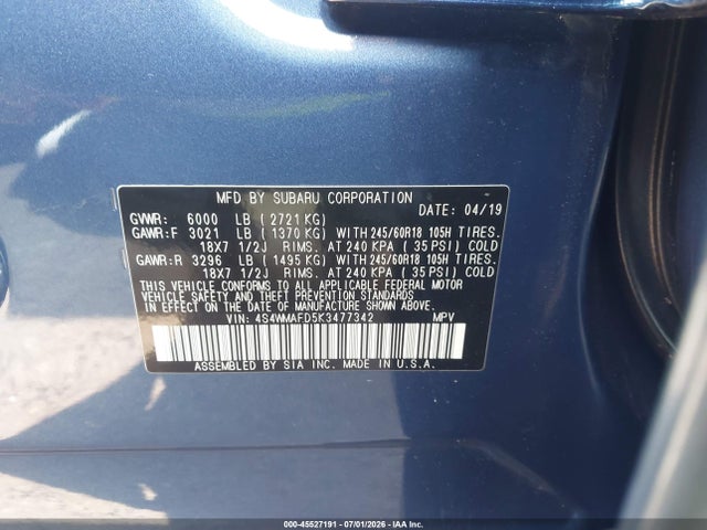 Auction sale of the 2019 Subaru Ascent Premium, vin: 4S4WMAFD5K3477342, lot number: 45527191