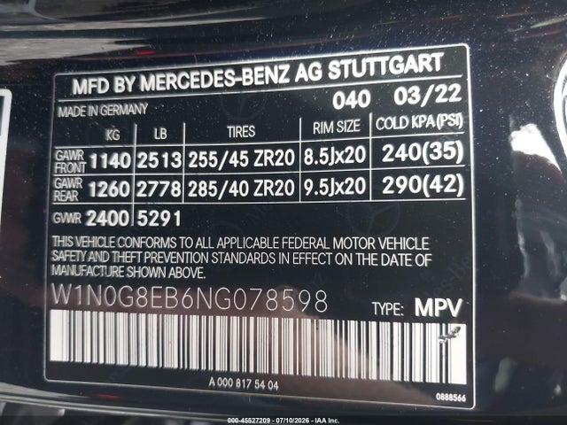 Aukcja sprzedaży 2022 Mercedes-benz Glc 300 4matic Suv, vin: W1N0G8EB6NG078598, numer aukcji: 45527209