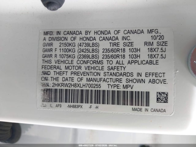 2HKRW2H8XLH700255 Honda Cr-v Awd Ex-l