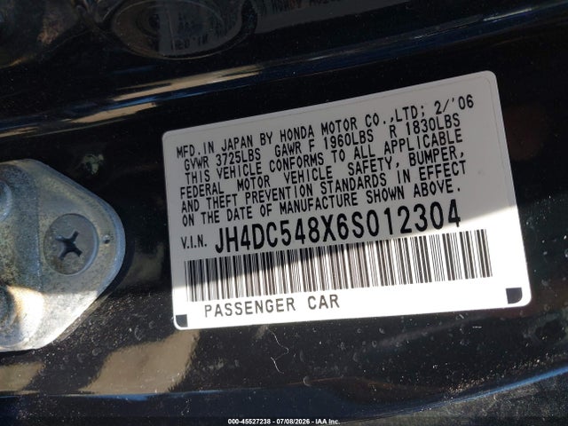 45527238 :رقم المزاد ، JH4DC548X6S012304 vin ، 2006 Acura Rsx مزاد بيع