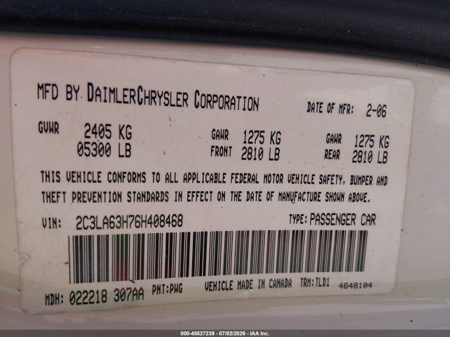 Продажа на аукционе авто 2006 Chrysler 300c, vin: 2C3LA63H76H408468, номер лота: 45527239