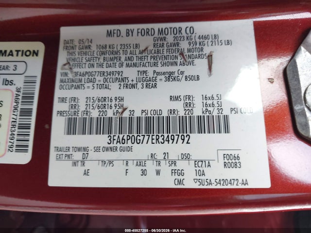 Auction sale of the 2014 Ford Fusion S, vin: 3FA6P0G77ER349792, lot number: 45527255