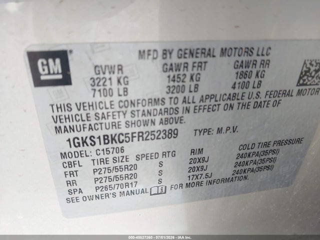 Aukcja sprzedaży 2015 Gmc Yukon Slt, vin: 1GKS1BKC5FR252389, numer aukcji: 45527260