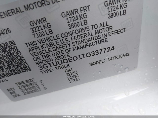 Aukcja sprzedaży 2026 Gmc Sierra 1500 , Short Bed, Denali, 4wd, vin: 3GTUUGED1TG337724, numer aukcji: 45527262