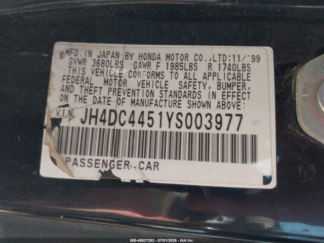 45527282 :رقم المزاد ، JH4DC4451YS003977 vin ، 2000 Acura Integra Ls مزاد بيع