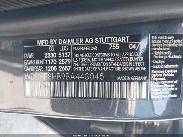 Продажа на аукционе авто 2011 Mercedes-benz E 350 4matic, vin: WDDHF8HB9BA443045, номер лота: 45527315
