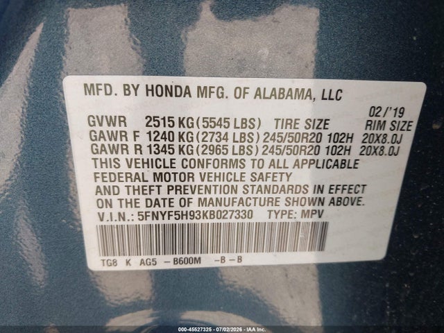 2019 Honda Pilot Touring მანქანა იყიდება აუქციონზე, vin: 5FNYF5H93KB027330, აუქციონის ნომერი: 45527325