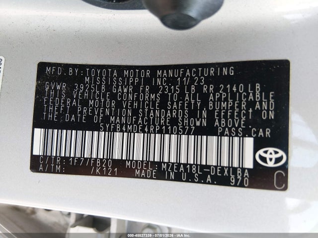 Продаж на аукціоні авто 2024 Toyota Corolla Le, vin: 5YFB4MDE4RP110577, номер лоту: 45527339