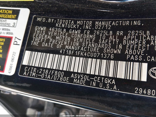 Aukcja sprzedaży 2012 Toyota Camry Xle, vin: 4T1BF1FK4CU071376, numer aukcji: 45527340