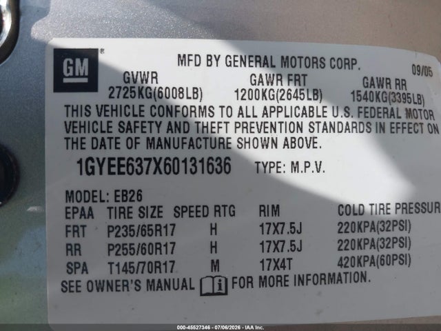 2006 Cadillac Srx V6 მანქანა იყიდება აუქციონზე, vin: 1GYEE637X60131636, აუქციონის ნომერი: 45527346