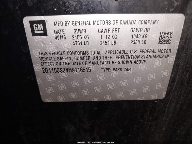 45527357 :رقم المزاد ، 2G1105S34H9116515 vin ، 2017 Chevrolet Impala 1lt مزاد بيع