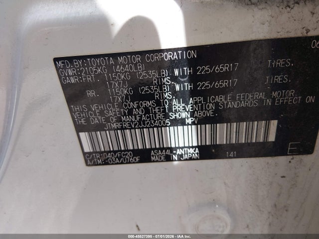 Продажа на аукционе авто 2018 Toyota Rav4 Xle, vin: JTMRFREV2JJ234005, номер лота: 45527395