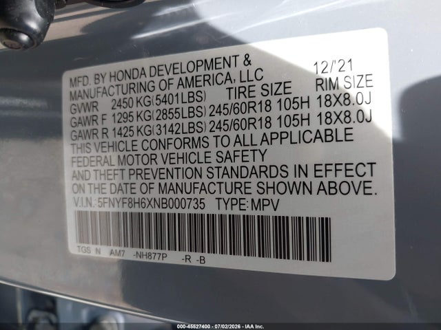 Продажа на аукционе авто 2022 Honda Passport Awd Trailsport, vin: 5FNYF8H6XNB000735, номер лота: 45527400