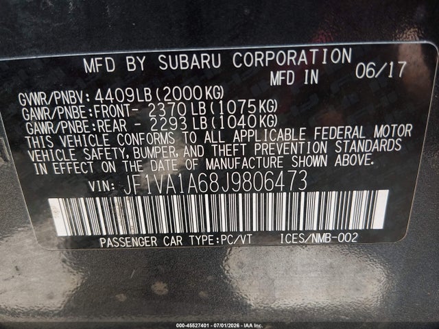 Aukcja sprzedaży 2018 Subaru Wrx, vin: JF1VA1A68J9806473, numer aukcji: 45527401