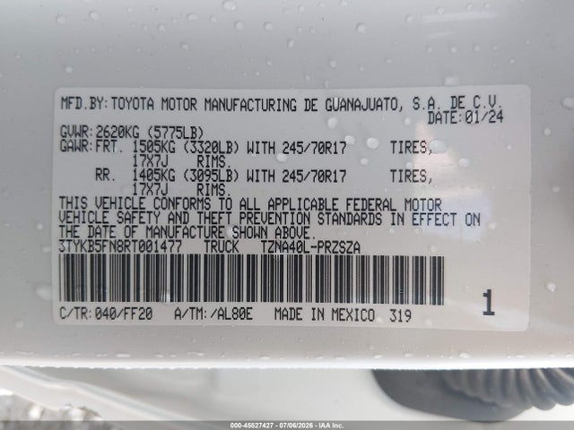 2024 Toyota Tacoma Sr5 მანქანა იყიდება აუქციონზე, vin: 3TYKB5FN8RT001477, აუქციონის ნომერი: 45527427