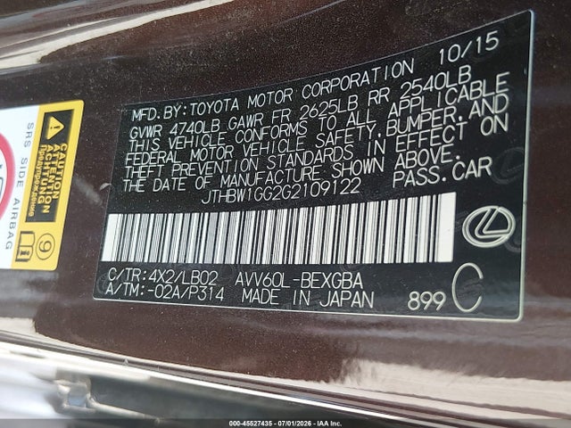 Продажа на аукционе авто 2016 Lexus Es 300h, vin: JTHBW1GG2G2109122, номер лота: 45527435