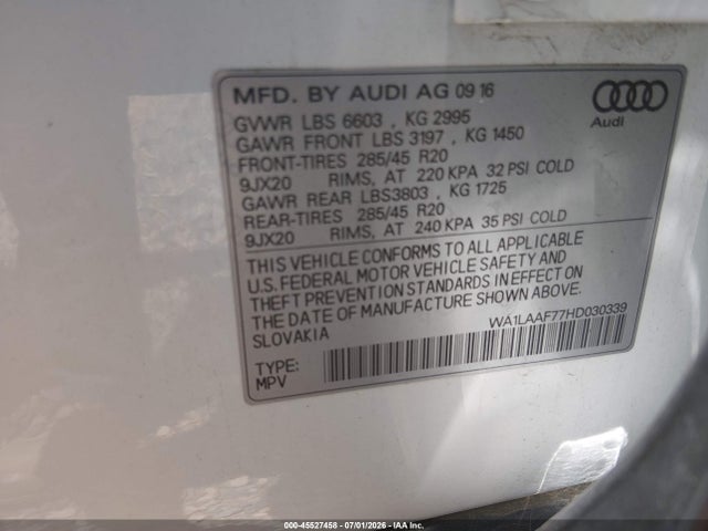 Продажа на аукционе авто 2017 Audi Q7 3.0t Premium, vin: WA1LAAF77HD030339, номер лота: 45527458