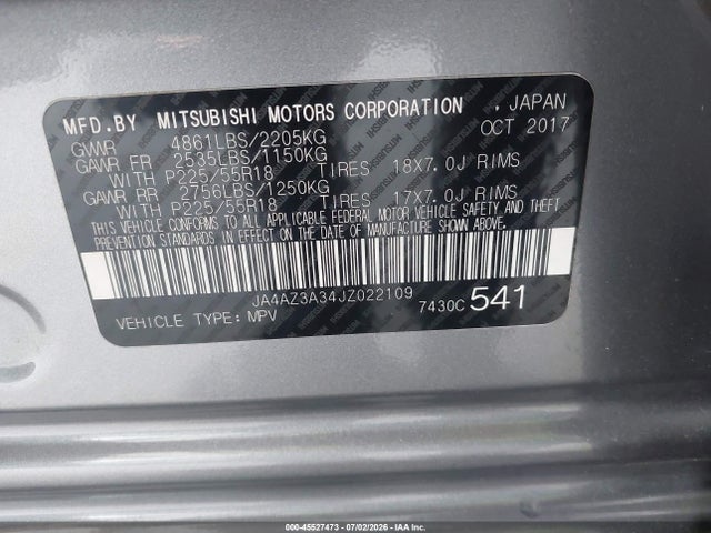 Продажа на аукционе авто 2018 Mitsubishi Outlander Le, vin: JA4AZ3A34JZ022109, номер лота: 45527473