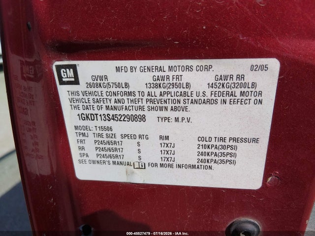 45527479 :رقم المزاد ، 1GKDT13S452290898 vin ، 2005 Gmc Envoy Sle مزاد بيع