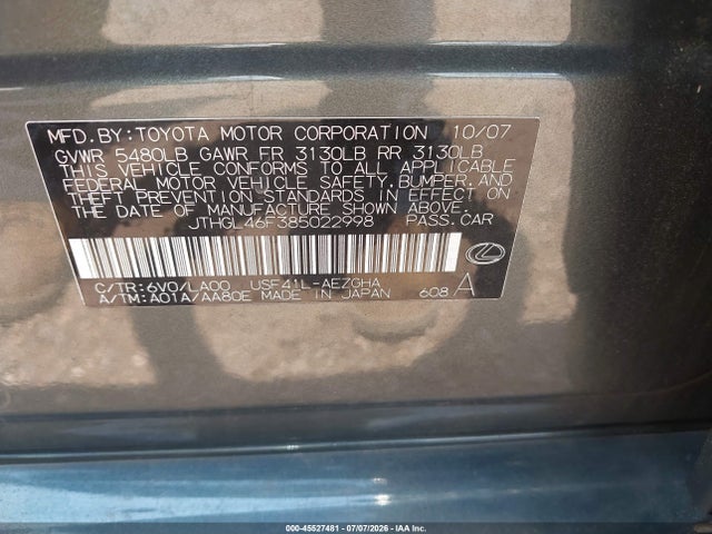 Продаж на аукціоні авто 2008 Lexus Ls 460 L, vin: JTHGL46F385022998, номер лоту: 45527481