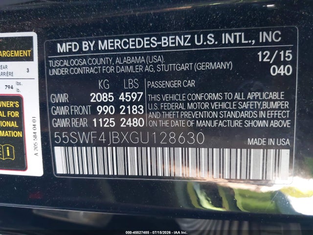 2016 Mercedes-benz C 300 Luxury მანქანა იყიდება აუქციონზე, vin: 55SWF4JBXGU128630, აუქციონის ნომერი: 45527485