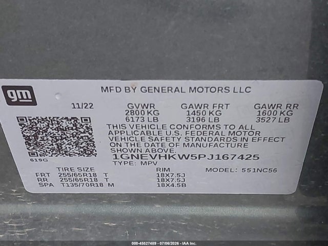 1GNEVHKW5PJ167425 Chevrolet Traverse Awd Lt Leather