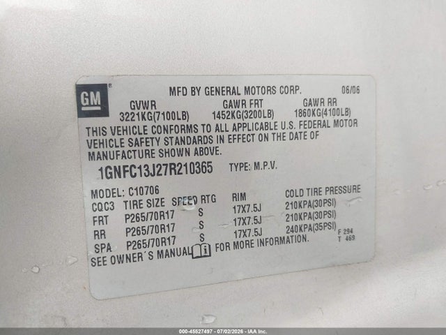 Продаж на аукціоні авто 2007 Chevrolet Tahoe Lt, vin: 1GNFC13J27R210365, номер лоту: 45527497