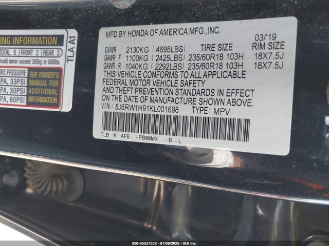 45527502 :رقم المزاد ، 5J6RW1H91KL001698 vin ، 2019 Honda Cr-v Touring مزاد بيع