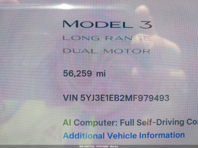 45527535 :رقم المزاد ، 5YJ3E1EB2MF979493 vin ، 2021 Tesla Model 3 Long Range Dual Motor All-wheel Drive مزاد بيع