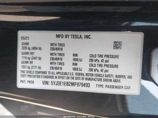 45527535 :رقم المزاد ، 5YJ3E1EB2MF979493 vin ، 2021 Tesla Model 3 Long Range Dual Motor All-wheel Drive مزاد بيع