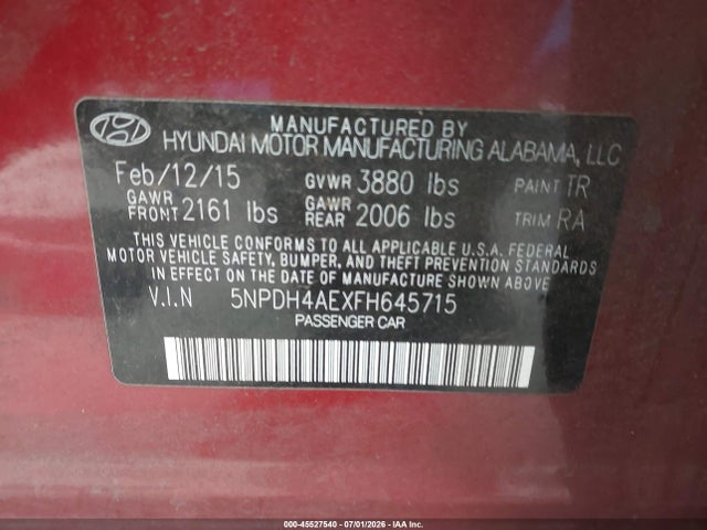 Hyundai ELANTRA SE 2015 5NPDH4AEXFH645715 Image 9