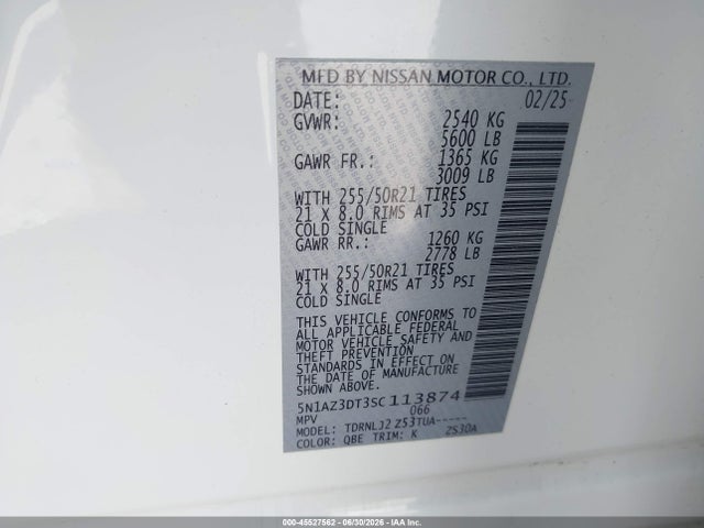 45527562 :رقم المزاد ، 5N1AZ3DT3SC113874 vin ، 2025 Nissan Murano Platinum مزاد بيع