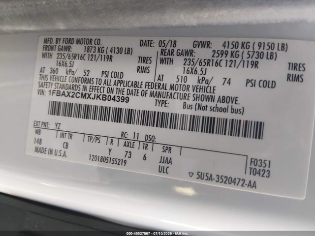 1FBAX2CMXJKB04399 Ford Transit-350 Xl/xlt