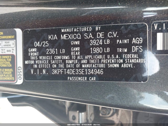 2025 Kia K4 Lxs მანქანა იყიდება აუქციონზე, vin: 3KPFT4DE3SE134946, აუქციონის ნომერი: 45527583