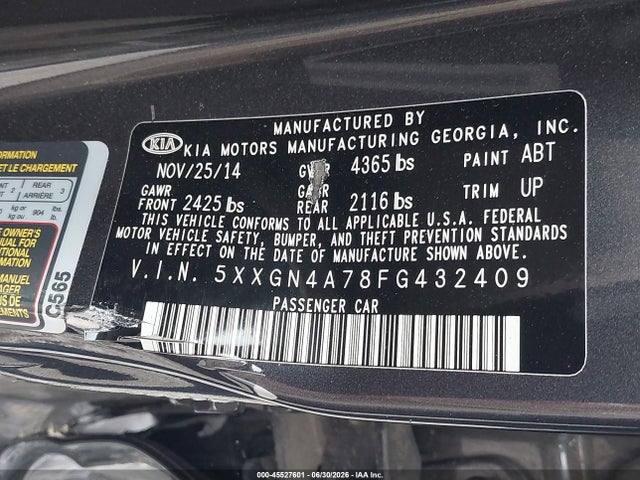 Aukcja sprzedaży 2015 Kia Optima Ex, vin: 5XXGN4A78FG432409, numer aukcji: 45527601