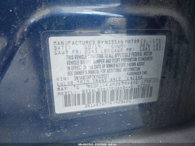 2019 Nissan Sentra Sv მანქანა იყიდება აუქციონზე, vin: 3N1AB7AP7KY428601, აუქციონის ნომერი: 45527615