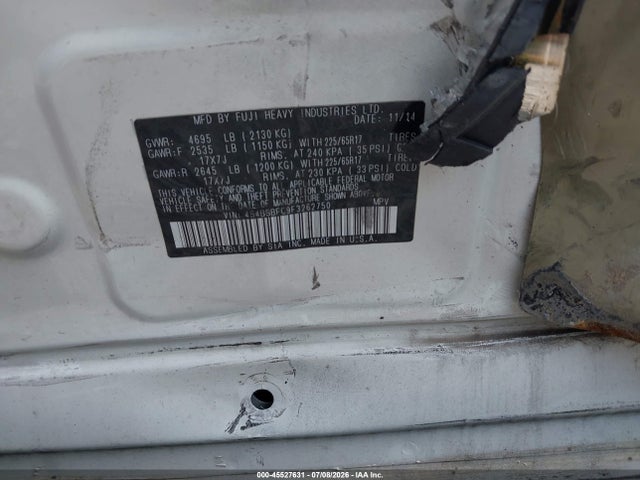 2015 Subaru Outback 2.5i Premium მანქანა იყიდება აუქციონზე, vin: 4S4BSBFC9F3262750, აუქციონის ნომერი: 45527631
