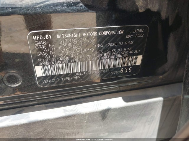 Aukcja sprzedaży 2022 Mitsubishi Outlander Sel Special Edition S-awc, vin: JA4J4VA89NZ078414, numer aukcji: 45527646