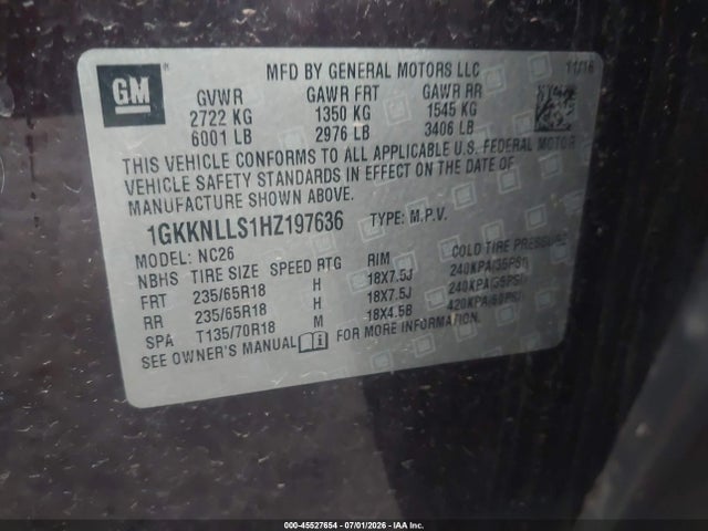 45527654 :رقم المزاد ، 1GKKNLLS1HZ197636 vin ، 2017 Gmc Acadia Sle-2 مزاد بيع