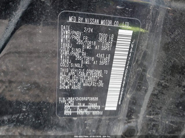 Aukcja sprzedaży 2024 Nissan Armada Sv 4wd, vin: JN8AY2AD5R9708526, numer aukcji: 45527664